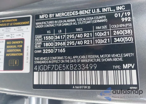 2019 Mercedes-Benz Gls 550 4Matic z USA, uszkodzony, nr VIN 4JGDF7DE5KB233499